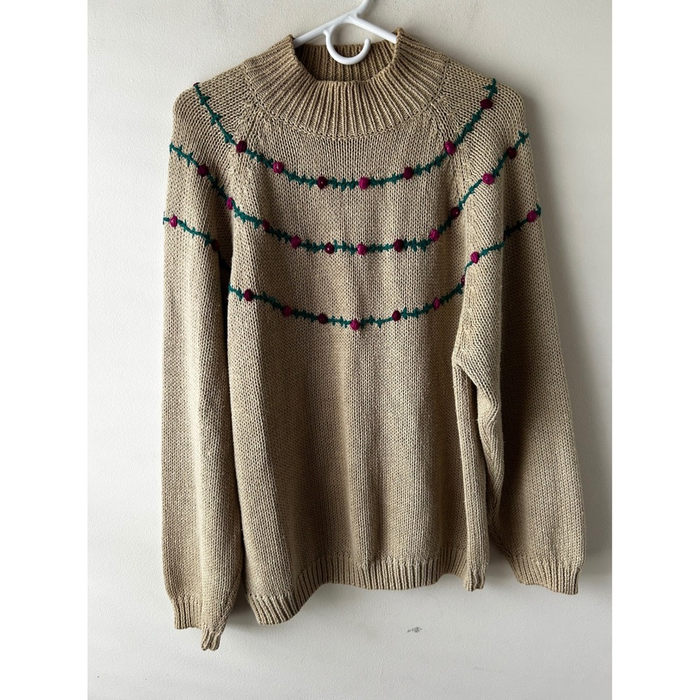 Vintage Cottagecore Grannycore Lifescapes Mockneck Knit Sweater Embroidered L